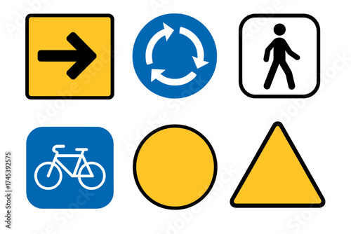 Essential traffic and warning signs collection featuring directional arrow, roundabout, pedestrian crossing, and bicycle route symbols