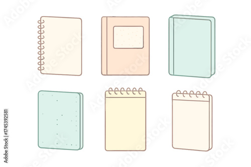Six different blank stationery items including spiral notebooks and writing pads in soft colors