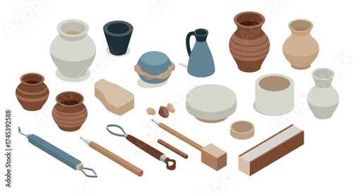 Isometric pottery set with tools for craft enthusiasts and ceramic artists