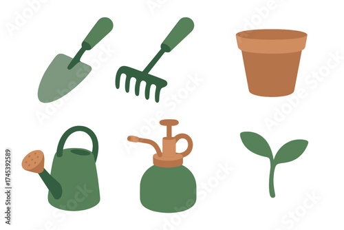 Essential gardening tools set including trowel, rake, watering can, pot, sprayer, and small plant sprout