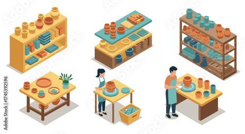 Pottery studio isometric design with shelves, tables, and pottery tools in a creative workshop setting