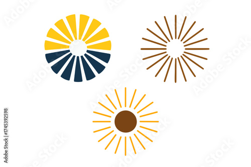 Three abstract sunburst radial designs featuring various colors and geometric styles