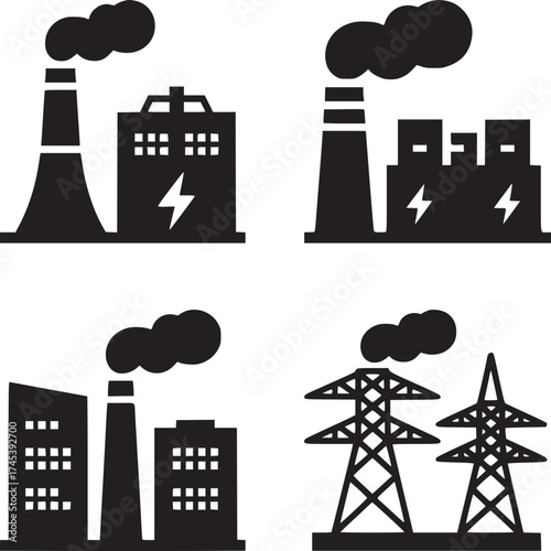 Various power plants and electrical towers in black silhouette on a white background vector image
