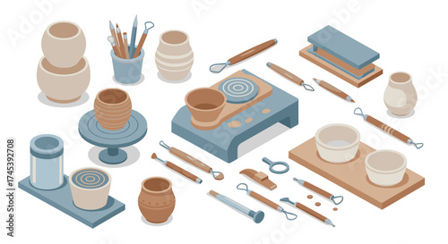 Pottery tools and vases on workbench in isometric style
