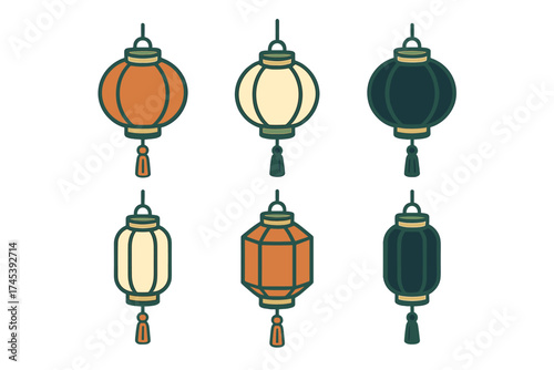 Set of traditional Asian hanging lanterns in various shapes and colors for cultural celebration