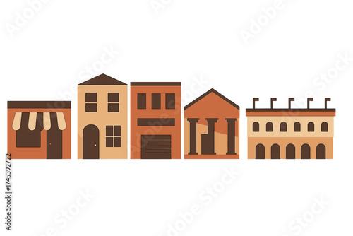 Stylized row of diverse downtown buildings featuring commercial shops, residential apartments and a classical bank