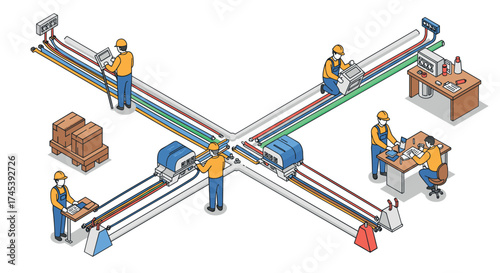 Industrial workflow process with workers and machinery in isometric style