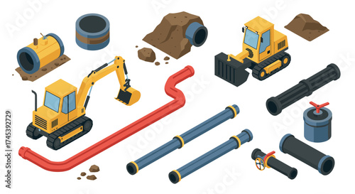 Isometric construction equipment and industrial pipes with bulldozer and excavator
