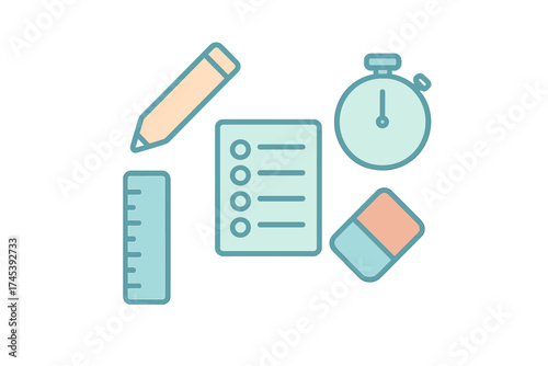 Planning and measurement tools set with stopwatch, pencil, ruler, and checklist