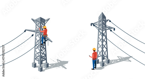 Isometric power line workers maintaining electrical towers with safety gear