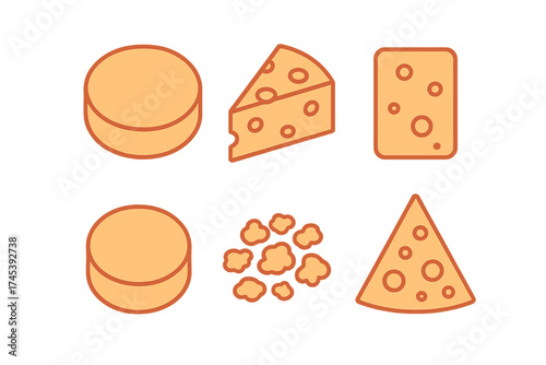Assortment of stylized cheese products including wheels, wedges, and grated pieces