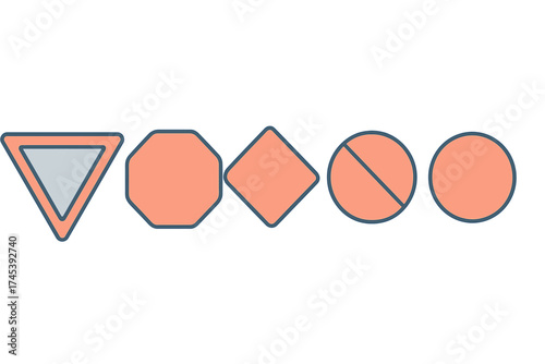 Basic road sign shapes collection including yield stop warning and regulatory symbols in modern flat design