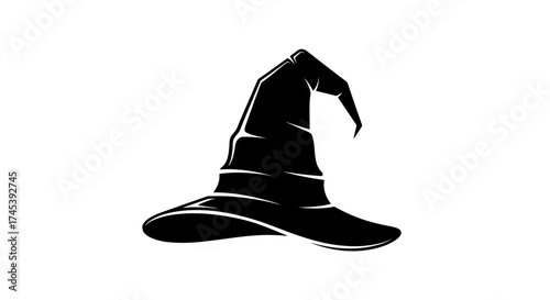 Monochrome vector illustration of a classic pointed witch hat with a wide brim, isolated on a white background.