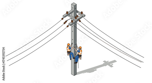 Isometric workers climbing utility pole for electrical maintenance