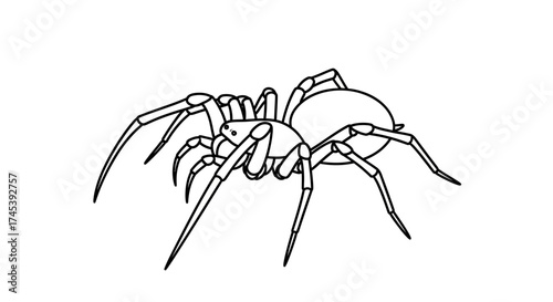 Detailed black and white illustration of a spider with eight legs, ready to move.