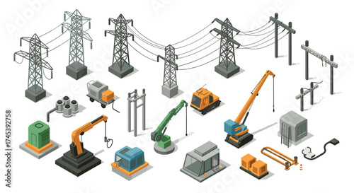 Isometric industrial construction equipment and power lines set