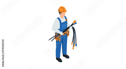 Electrician in uniform with cables and tools in isometric design