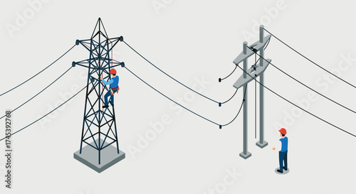 Isometric power line maintenance with workers on tower and ground