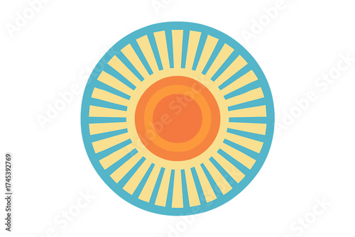 Abstract geometric sun symbol with layered center and radiating beams in bright colors