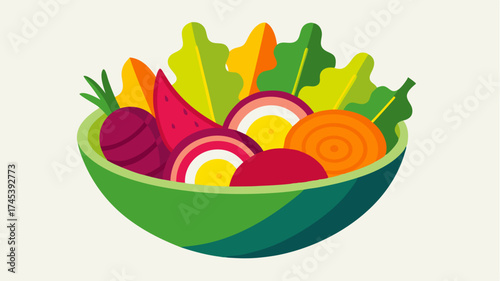 A creative bowl of salad featuring vibrant ingredients like beetroot carrot ribbons and avocado slices drizzled with a light vinaigrette.