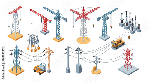 Isometric construction and power infrastructure with cranes and electrical poles