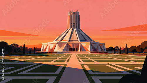Illustration Of The Giant Basilica Of Our Lady Of Peace With Its Expansive Gardens Vector Design Template