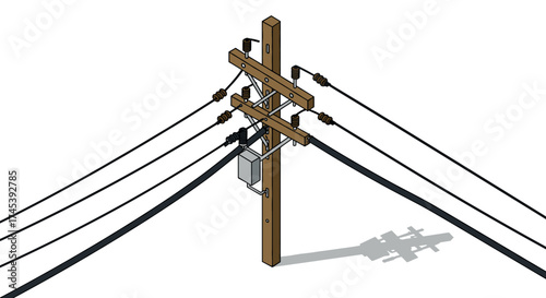 Isometric wooden utility pole with power lines on white background
