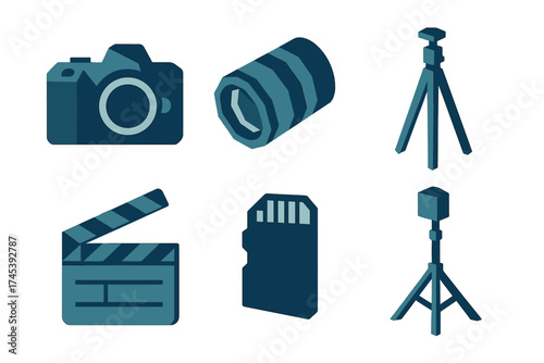 Isometric set of photography and filmmaking equipment including camera lens and tripod