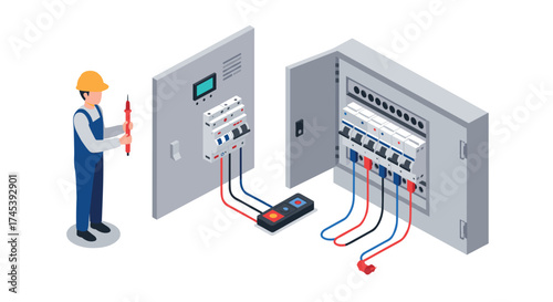 Technician working on electrical circuit breaker panel in isometric style