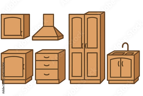 Modular brown wooden kitchen furniture set with cabinets and cooking hood