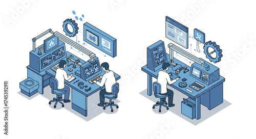 Futuristic isometric workspace with engineers at computer terminals analyzing data