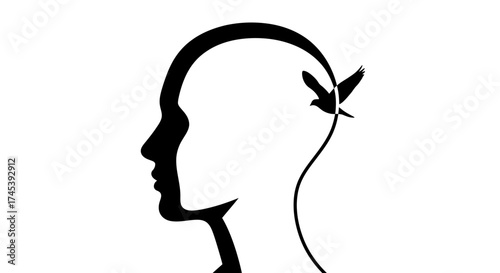 Silhouette of a human head with an opening, a bird flying into the head.
