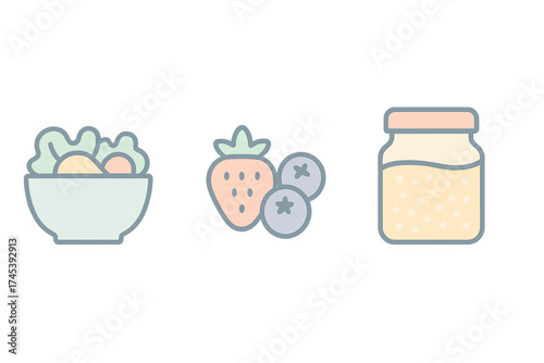 Minimalist icons of healthy food and nutrition including salad, berries, and baby food jar