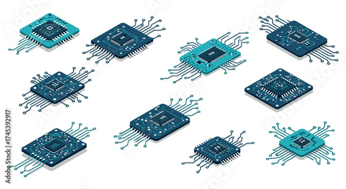 Isometric circuit boards with microchips on white background