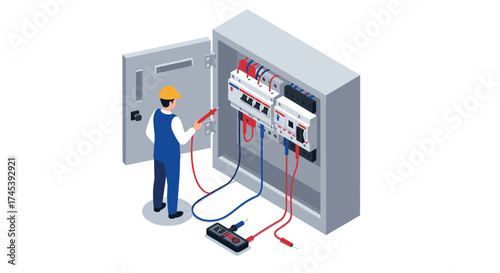 Electrician working on switchboard in isometric style for safety and maintenance