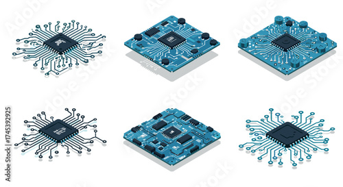 Isometric microchip collection with circuit patterns and electronic details