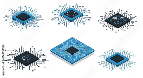 Set of microchips with circuit design in isometric style