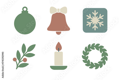 Muted color collection of six winter holiday and Christmas decorative icons