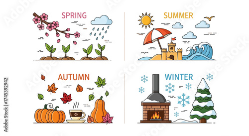 Four seasons illustration: Spring with plants and rain, summer with beach, autumn with pumpkins, and winter with fireplace.