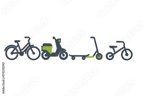 Flat design icons of urban transport modes: bicycle, scooter, moped, skateboard