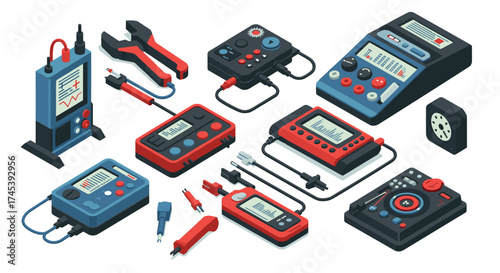 Isometric retro electronics collection featuring vintage audio and measurement devices