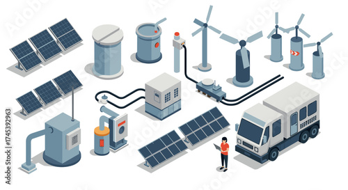 Renewable energy infrastructure isometric design with solar panels and wind turbines