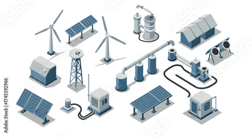 Isometric renewable energy collection solar, wind, and hydro elements in modern design