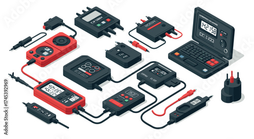 Retro tech gadgets and devices in isometric style with cables and connectors