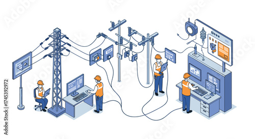 Isometric power grid management with engineers and control stations