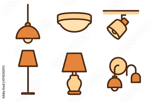 Modern interior lighting fixtures set including ceiling, floor, and wall lamps