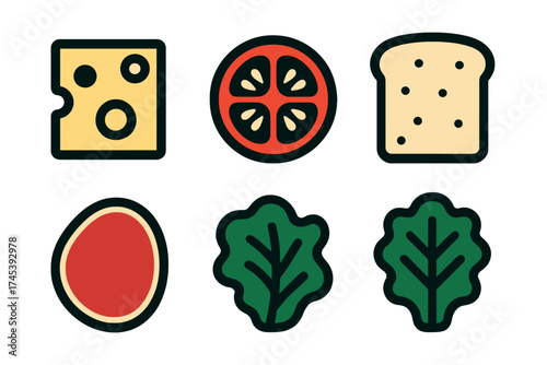 Set of colorful stylized icons depicting sandwich and burger ingredients like cheese, tomato, and bread