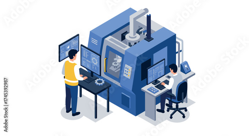 Advanced cnc machine operation isometric concept with engineers