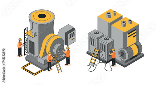 Isometric industrial equipment with engineers in hard hats performing maintenance