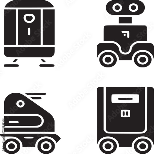 A collection of four distinct robot designs depicted as solid black glyphs on a white background